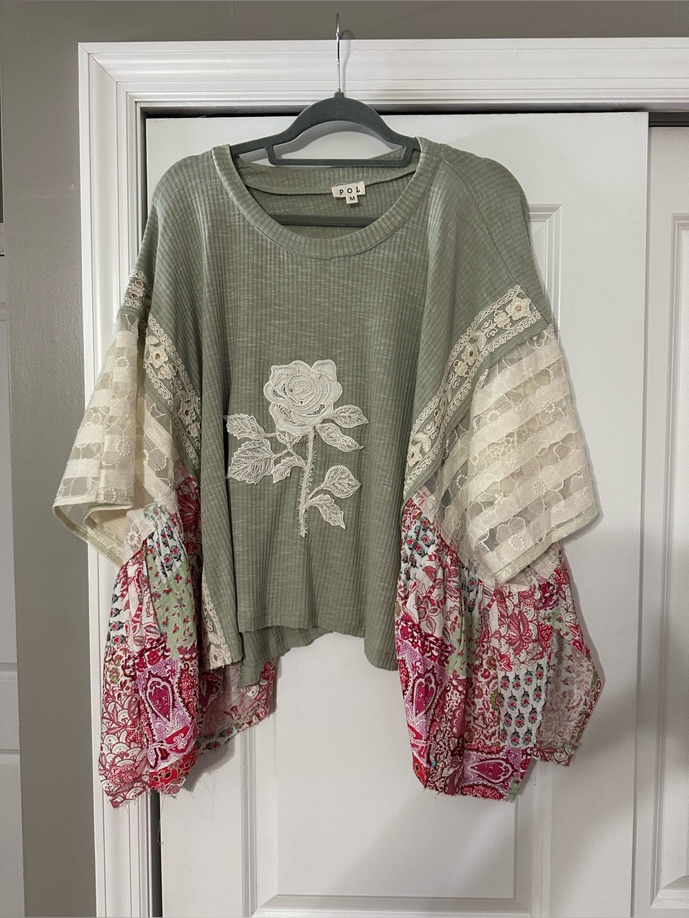 Boho Patchwork Rose Appliqué Top by Pol- Sage Green & Red